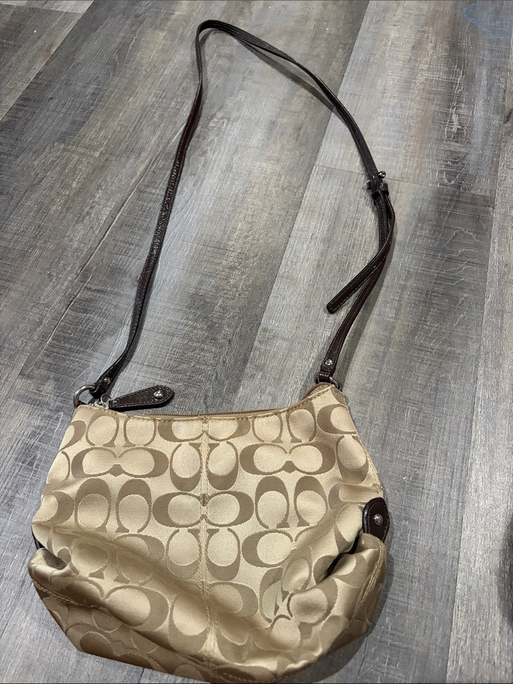 Coach Khaki Signature Dome Crossbody with Dark Brown Strap